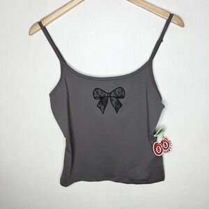 Lucky 777 Gray Black Lace Bow Cami Tank Top Women's Medium Stretch‎ Goth Grunge